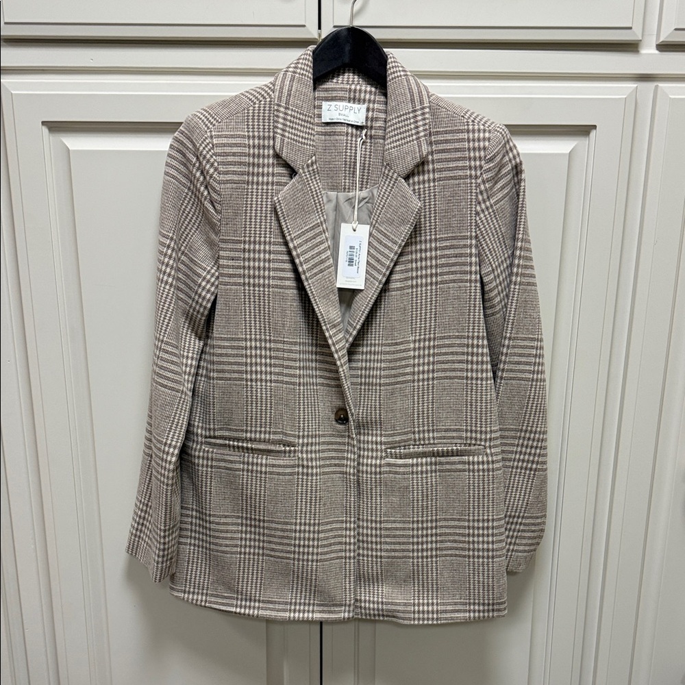 Z Supply Women's Checkered Blazer - Tan and Cream Small NWT